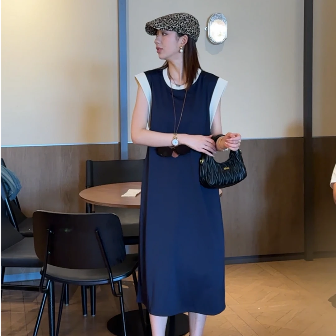 【zhouzhou专属】夏季新款圆领拼接洋气连衣裙显瘦无袖连身裙女889