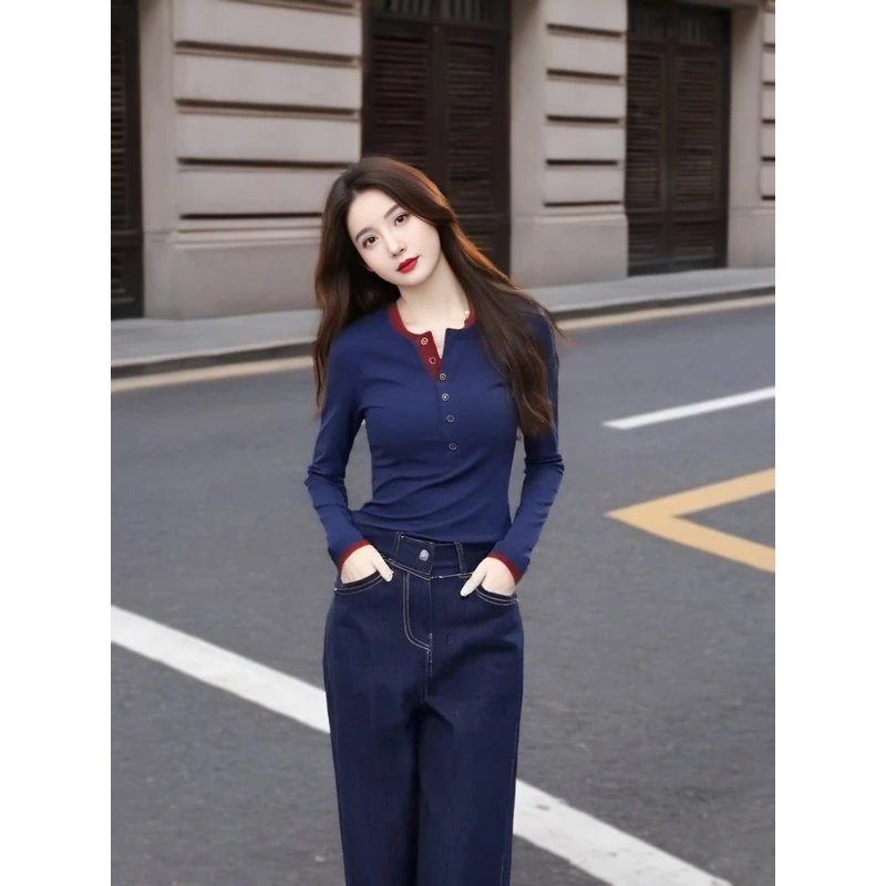 2024早秋新款欧货时尚撞色圆领长袖T恤女洋气显瘦打底衫上衣女994