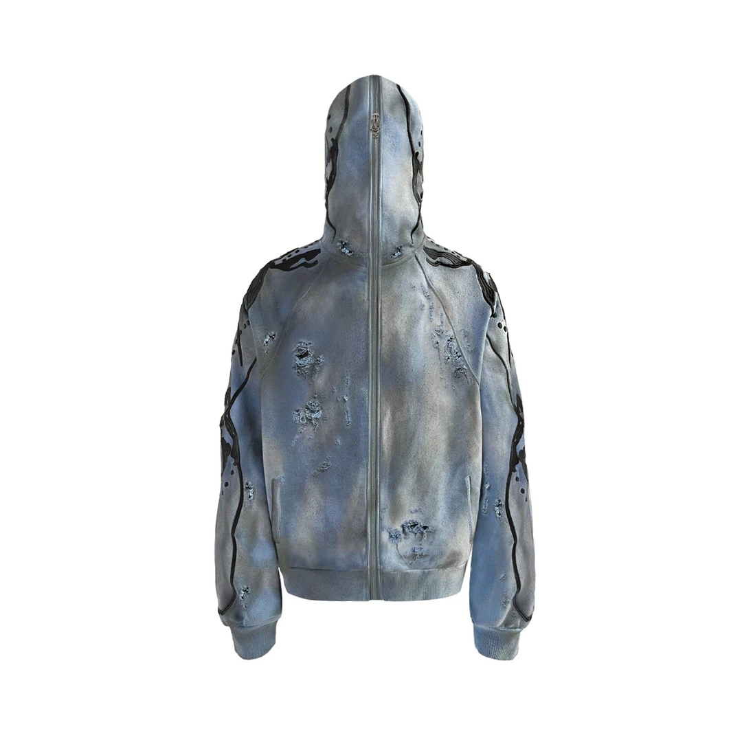 Night Laboratory (NL) 流浪汉骷髅手工水洗破洞470G棉蓝黑卫衣