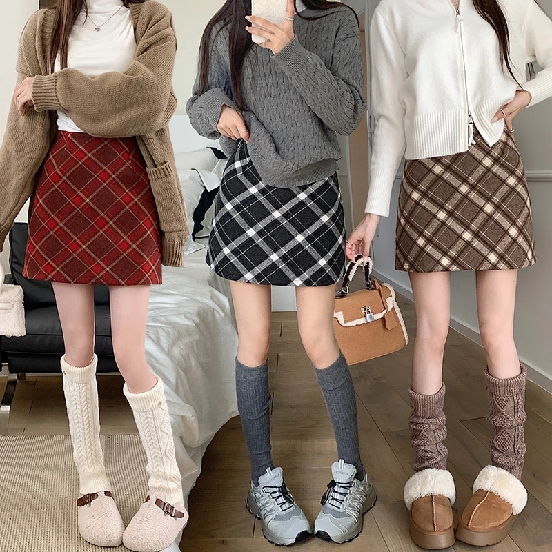 毛呢A字格子短裙半身裙女2024秋冬韩版高腰时尚百搭显瘦包臀裙子