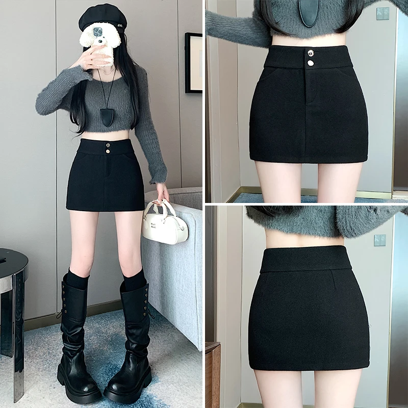 辣妹风高腰双扣毛呢半身裙防走光短裙美式复古百搭显瘦包臀A字裙