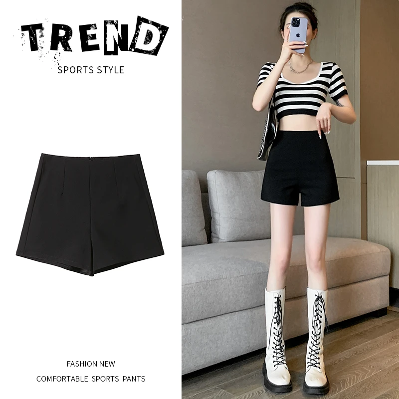 弹力小黑裤女秋季薄款2025新款百搭休闲高腰显瘦修身直筒短裤子
