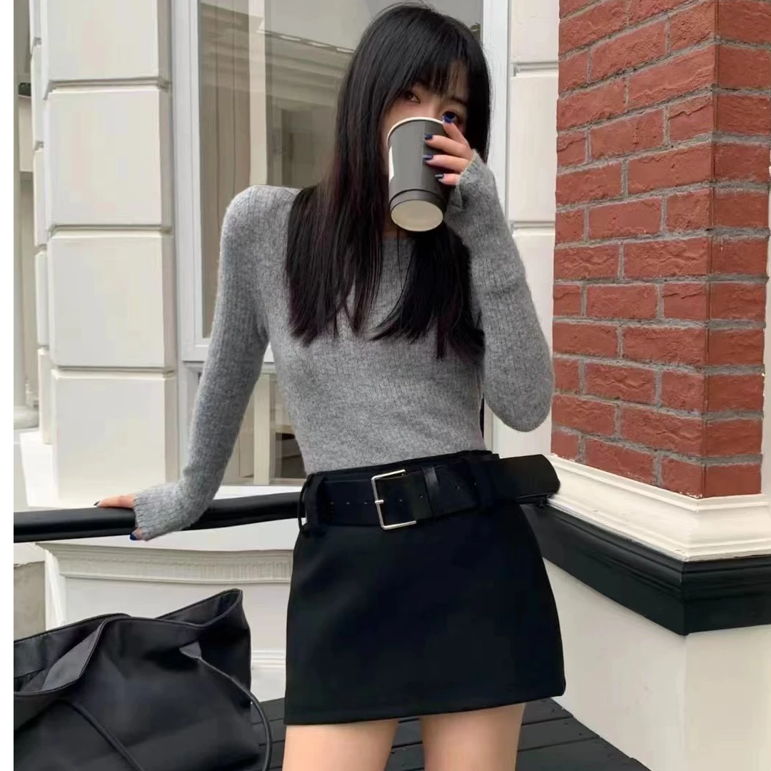 【浠儿定制】黑色毛呢短裙半身裙-送腰带2024秋冬新款大长腿包臀裙