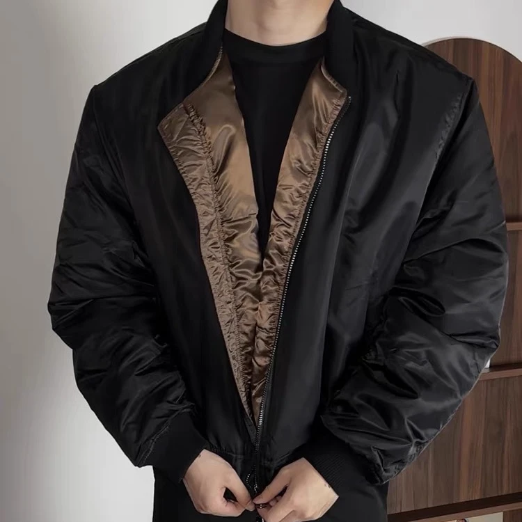 秋冬廓形短宽版Bomber复古飞行夹克翻领宽松棉服cleanfit外套男女