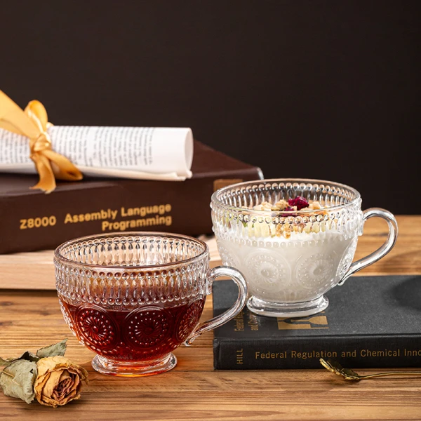 两只装复古浮雕玻璃杯子ins风太阳花杯酸奶碗甜品碗早餐麦片杯