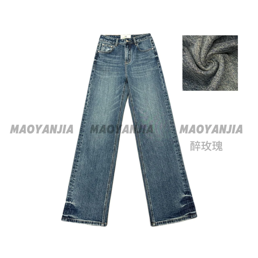【猫眼家】79011醉玫瑰-秋季新款复古设计款高腰阔腿直筒牛仔女裤
