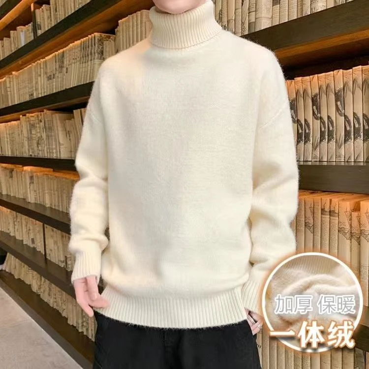 以纯冬季男士高领毛衣加绒加厚新款青少年宽松百搭一体绒打底针织