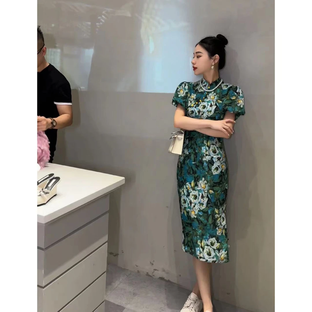 现货凤起玉鸣原创夏威夷的风长款新中式印花旗袍显瘦气质连衣裙