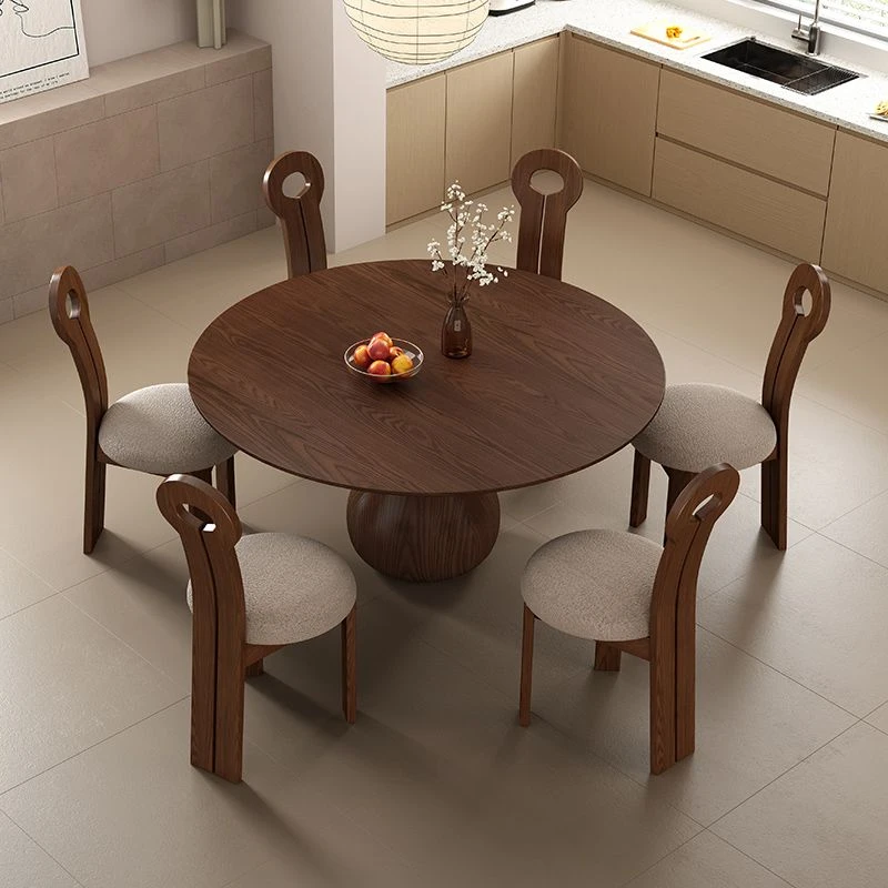 2024款法式岩板胡桃木圆桌家用小户型圆形转盘饭桌组合实木餐桌椅
