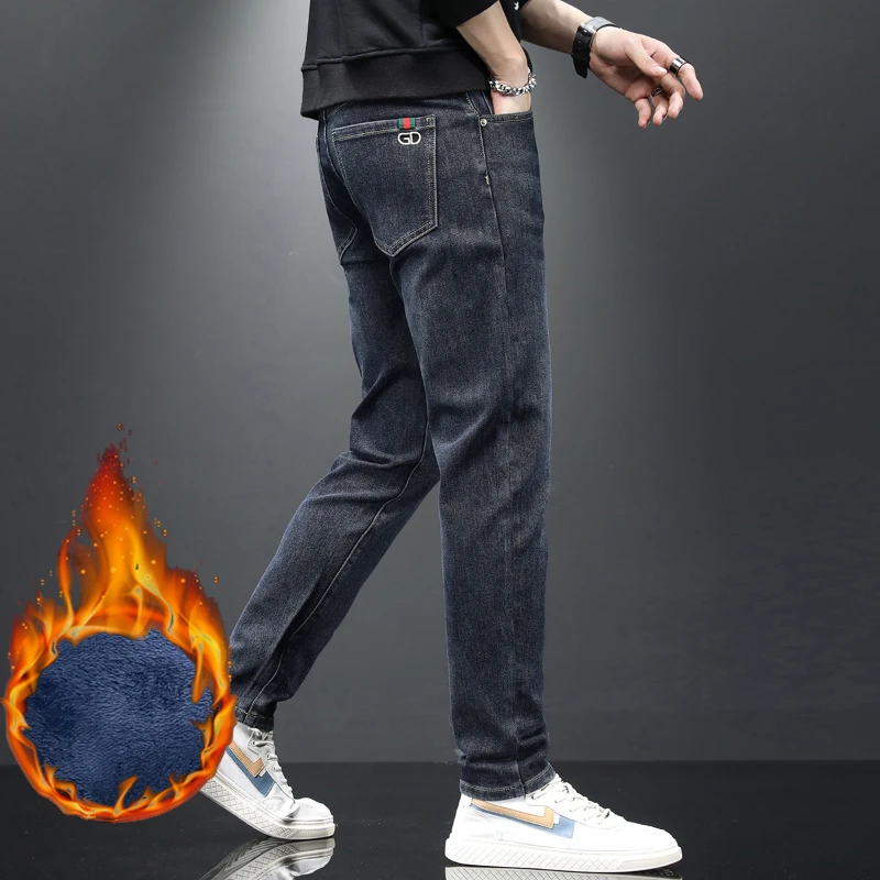 加绒牛仔裤男直筒裤弹力修身百搭休闲男士秋冬潮牌厚款长裤子629