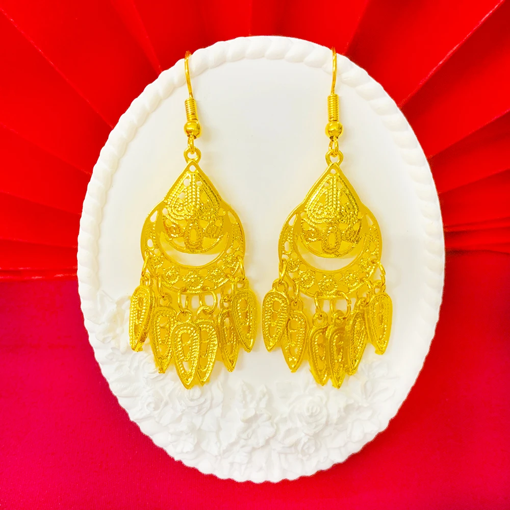 铜合金耳饰 【桃形圆弧流苏耳钩】民族风耳坠复古宫廷精美耳环