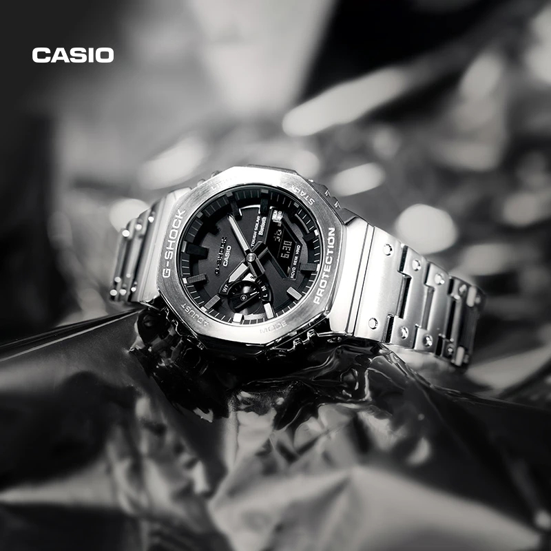 Casio/卡西欧【八王子】全金属八角时尚光动能双显潮流腕表黑武士