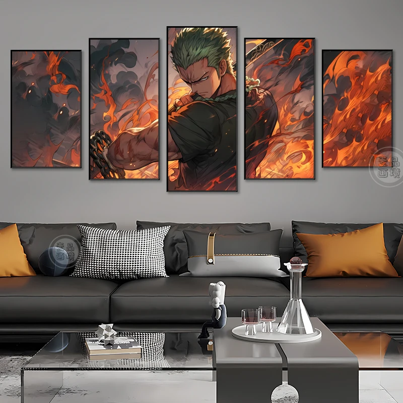 海贼王索隆电竞酒店卡通动漫五联挂画氛围感高颜值痞帅墙面装饰画