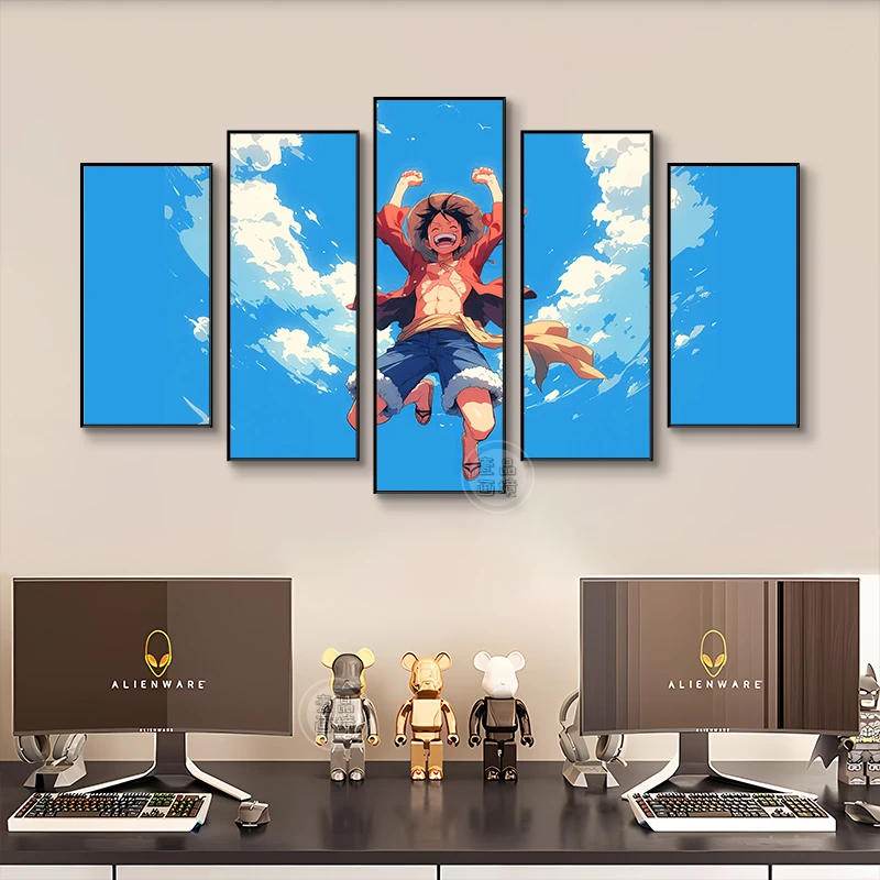 海贼王路飞五联卡通挂画治愈系现代简约网咖电竞房卧室客厅装饰画