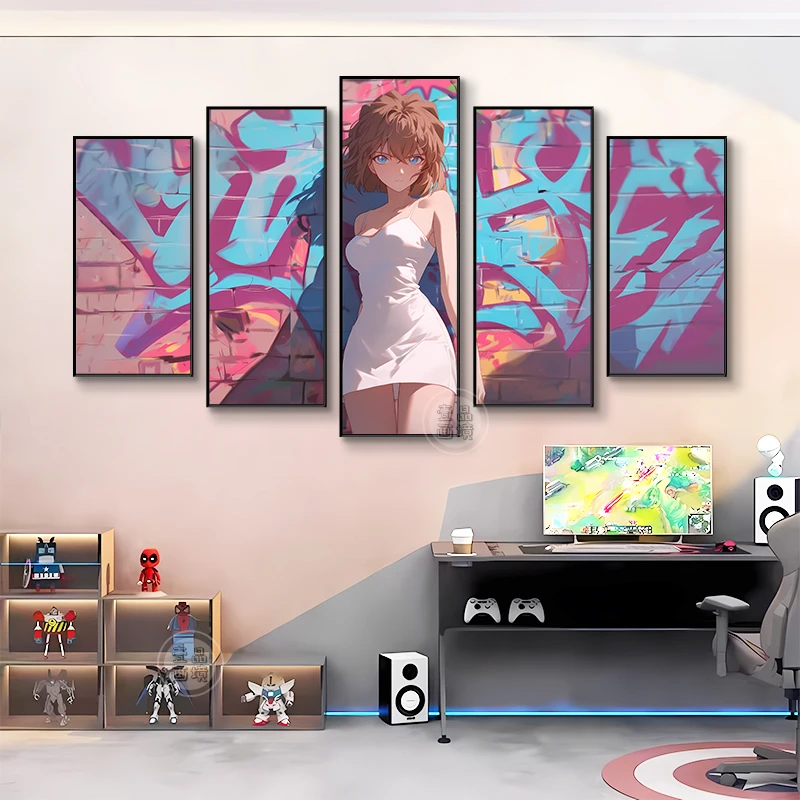 名侦探柯南灰原哀五联挂画动漫二次元涂鸦风网咖电竞房卧室装饰画