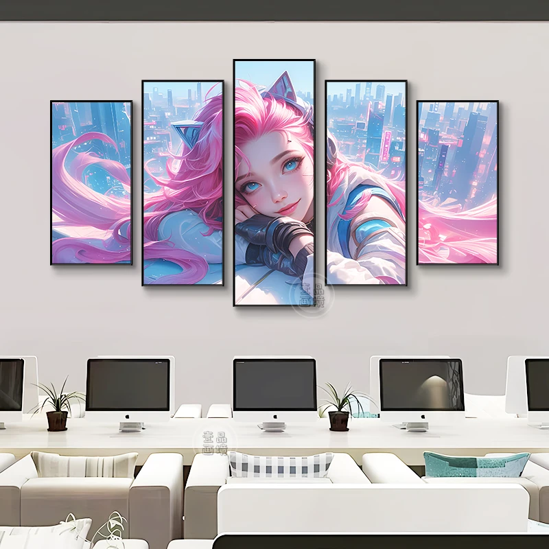 英雄联盟金克斯五联挂画城市之巅甜美女神网咖电酒店房卧室装饰画