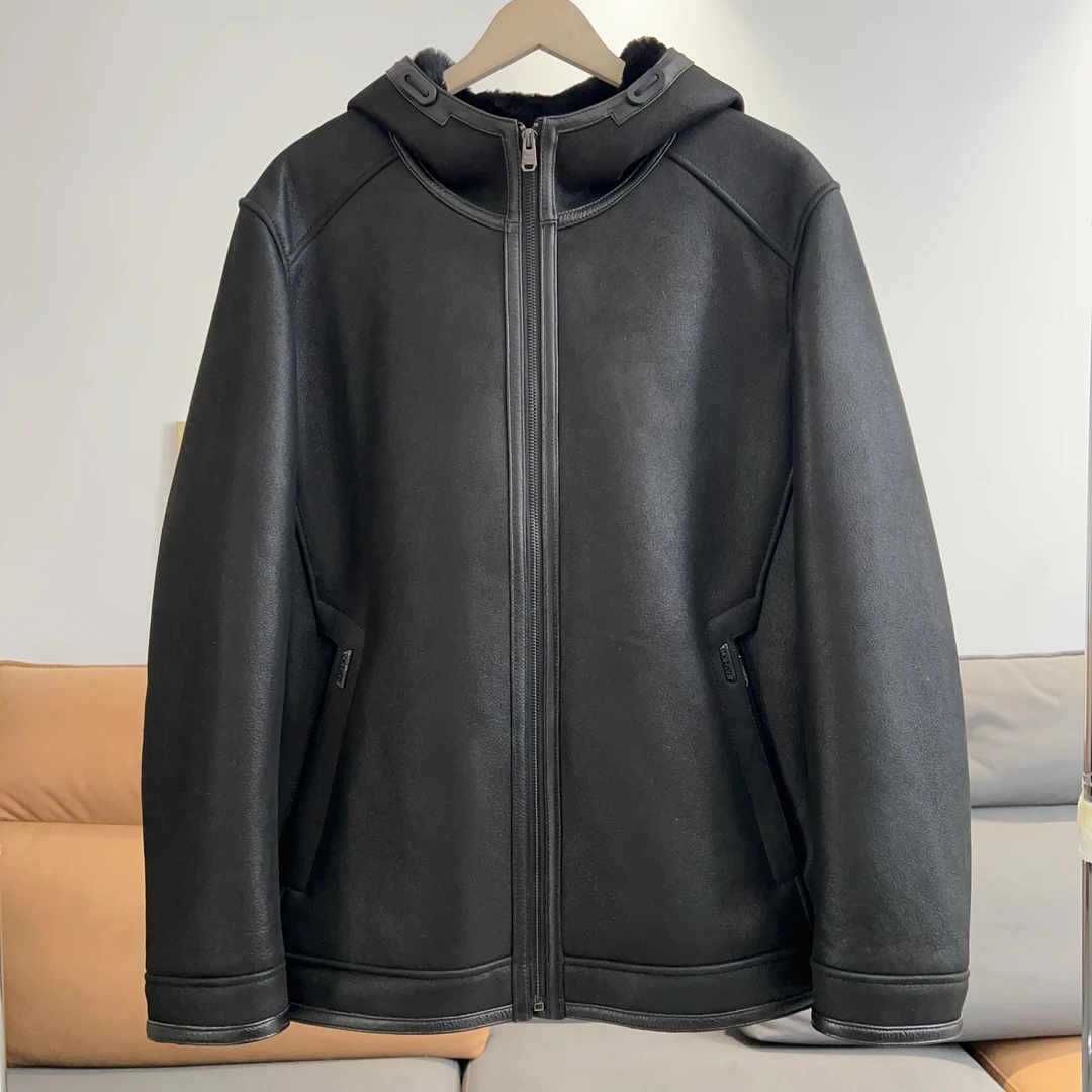 高端轻奢绵羊皮的原皮原毛一体外套男商务连帽