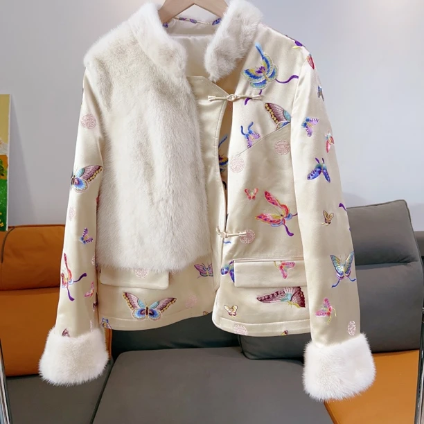 重工刺绣桑蚕丝国风潮外套女短款真丝配水貂毛气质