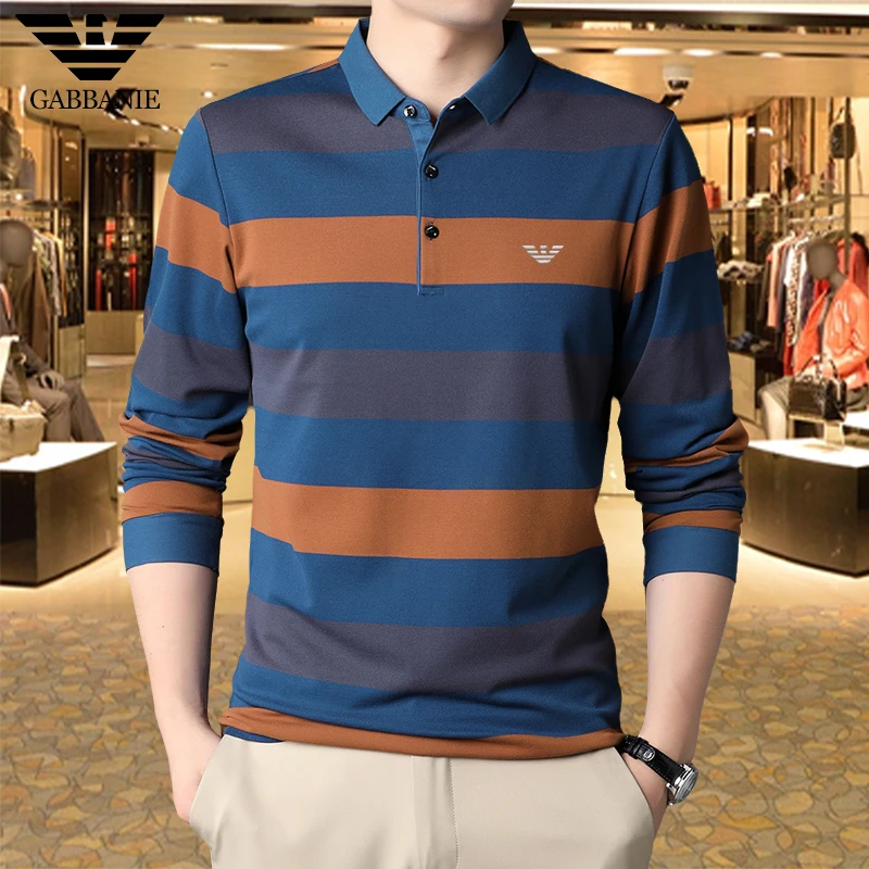专柜正品条纹长袖T恤男秋季休闲时尚百搭轻奢透气翻领打底POLO衫