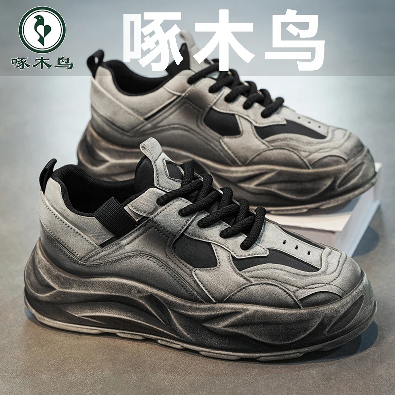 啄木鸟官方正品夏季男鞋做旧新款复古百搭增高厚底青少年休闲板鞋