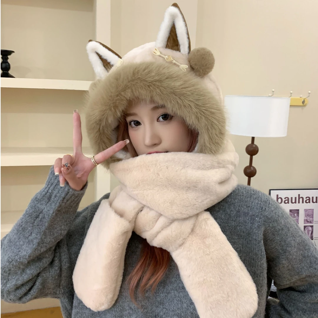 帽子围巾一体女冬天可爱女百搭秋冬季毛绒保暖护耳手套围脖三件套