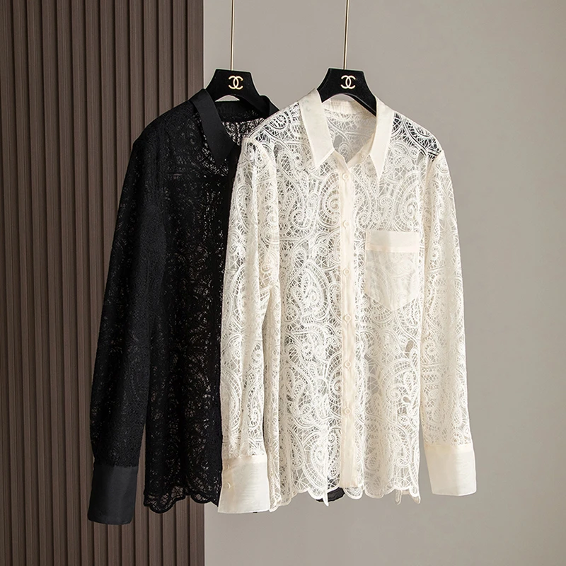 深圳高端版本叠搭透视小性感镂空水溶花翻领蕾丝衬衫女士打底衬衣
