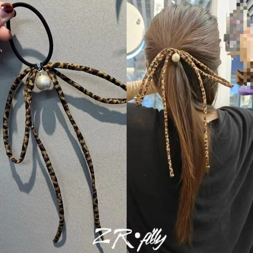 韩国进口豹纹珠子蝴蝶结发圈秋冬款百搭发绳复古发饰女新款2703