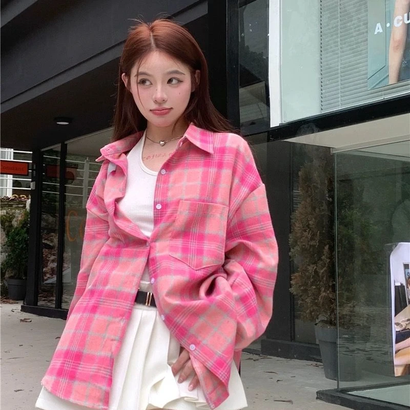 衬衫女潮流气质小众复古韩版休闲百搭春秋季格子格纹粉色长袖衬衣