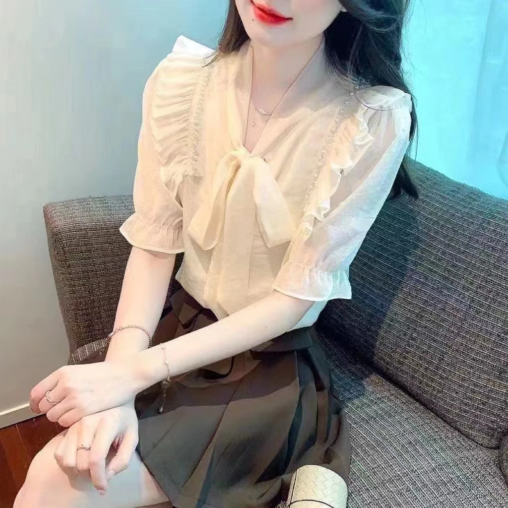 春秋夏季长袖短袖新款法式蝴蝶结系带百搭荷叶边上衣
