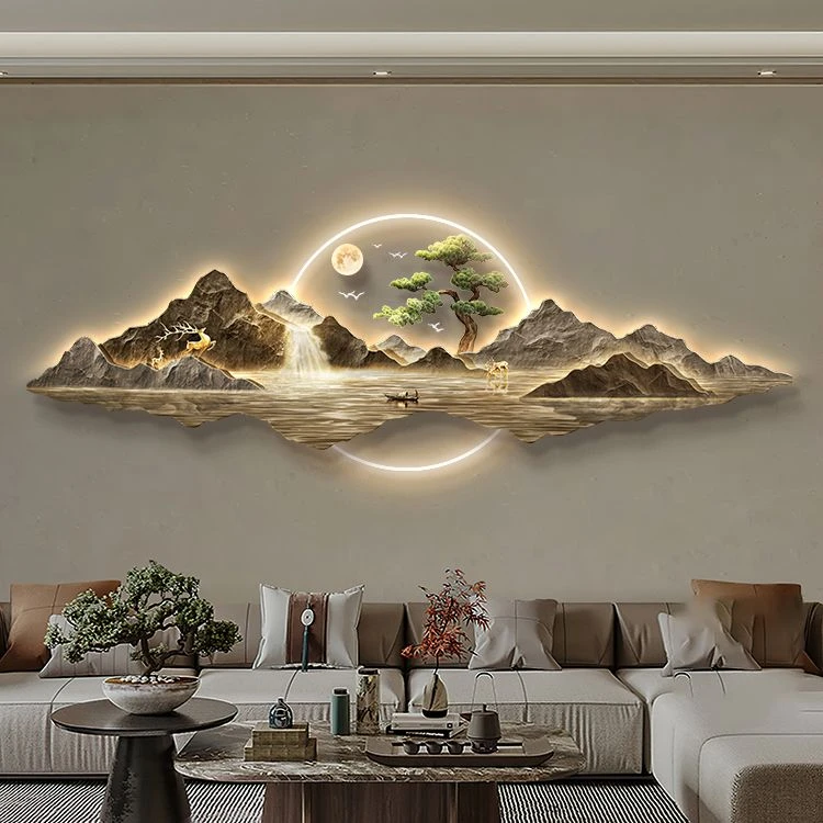 流水生财山水画新中式客厅装饰画沙发背景墙挂画大气高档氛围灯画