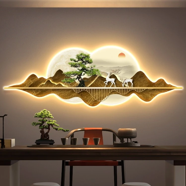 新中式氛围灯客厅挂画金山福鹿挂画装饰画金山客厅挂画玄关装饰画