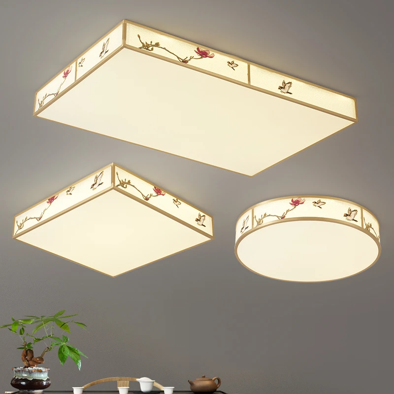 新中式全铜吸顶灯珐琅彩自建房别墅高端花鸟国潮卧室书房茶室灯具