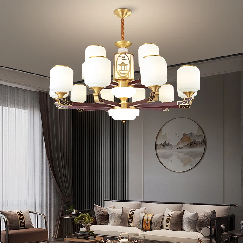 新中式客厅吊灯别墅复式楼全铜实木餐厅灯中国风高端大气大厅灯具