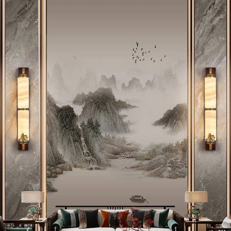 新中式高端全铜玉石壁灯客厅卧室餐厅茶室玉石壁灯天然进口玉石