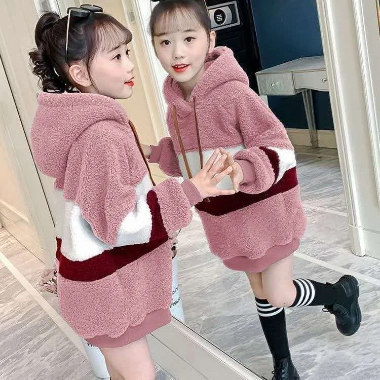 女童2023年秋冬新款羊羔绒外套女中大儿童冬天外套加绒加厚中T21