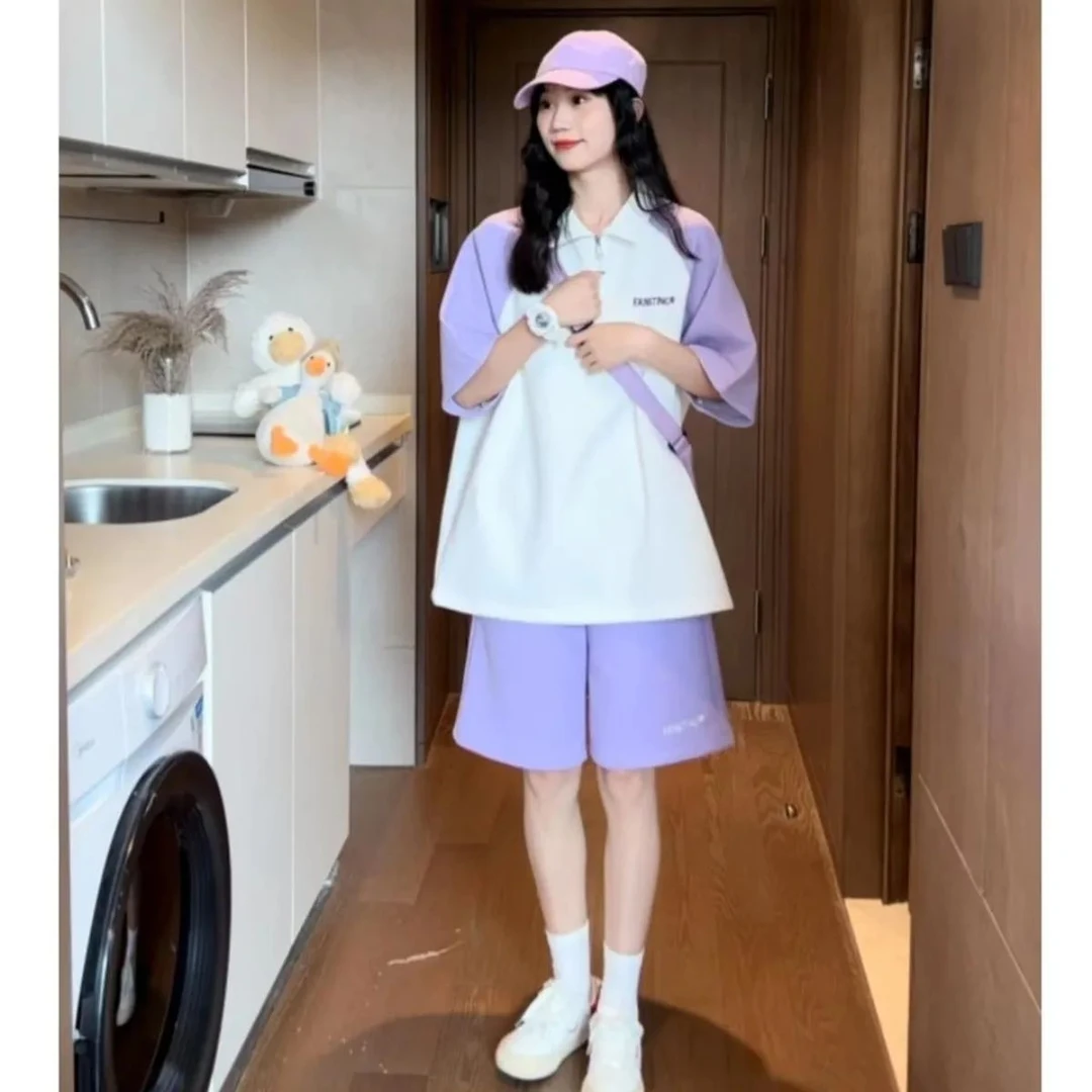 POLO领宽松运动套装女夏季休闲学生擦肩袖情侣减龄短袖短裤两件套