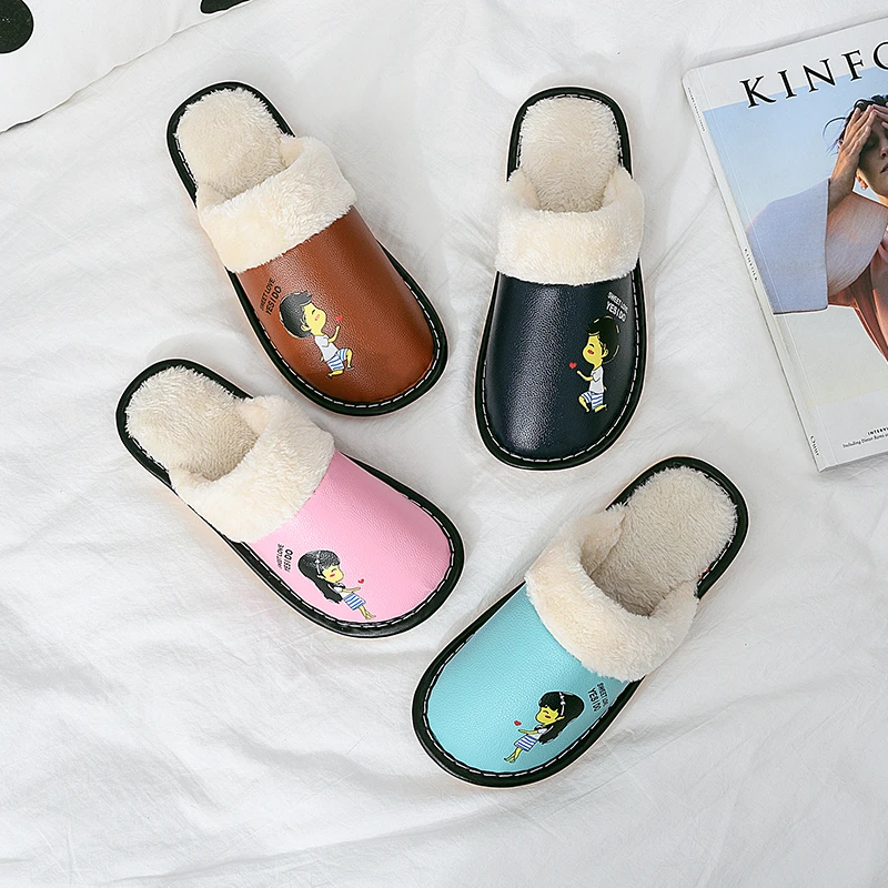 棉拖鞋女冬季皮面室内情侣家居简约厚底毛拖鞋防滑保暖卡通棉拖鞋