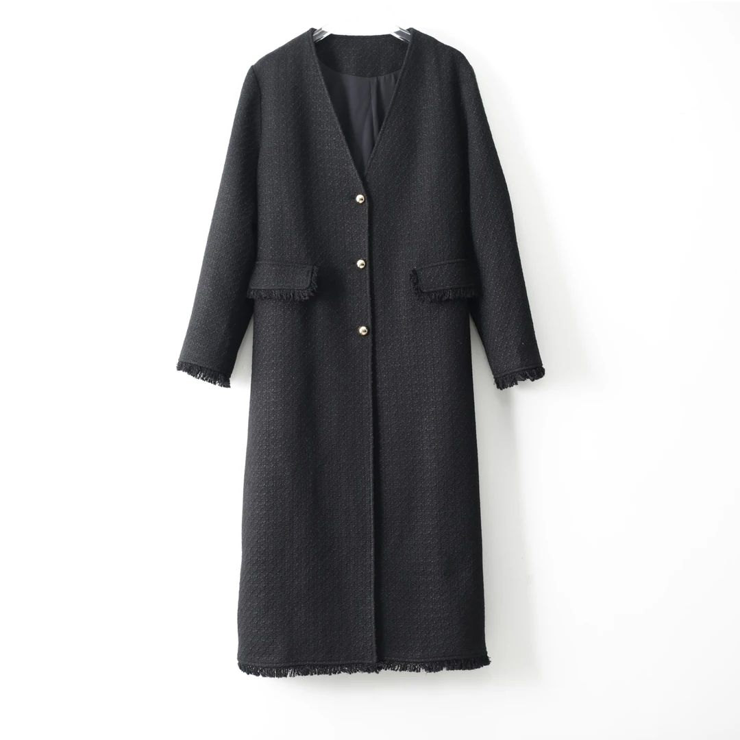 W230904 黑色长袖小香风V领大码女装秋冬毛呢外套显瘦宽松大衣