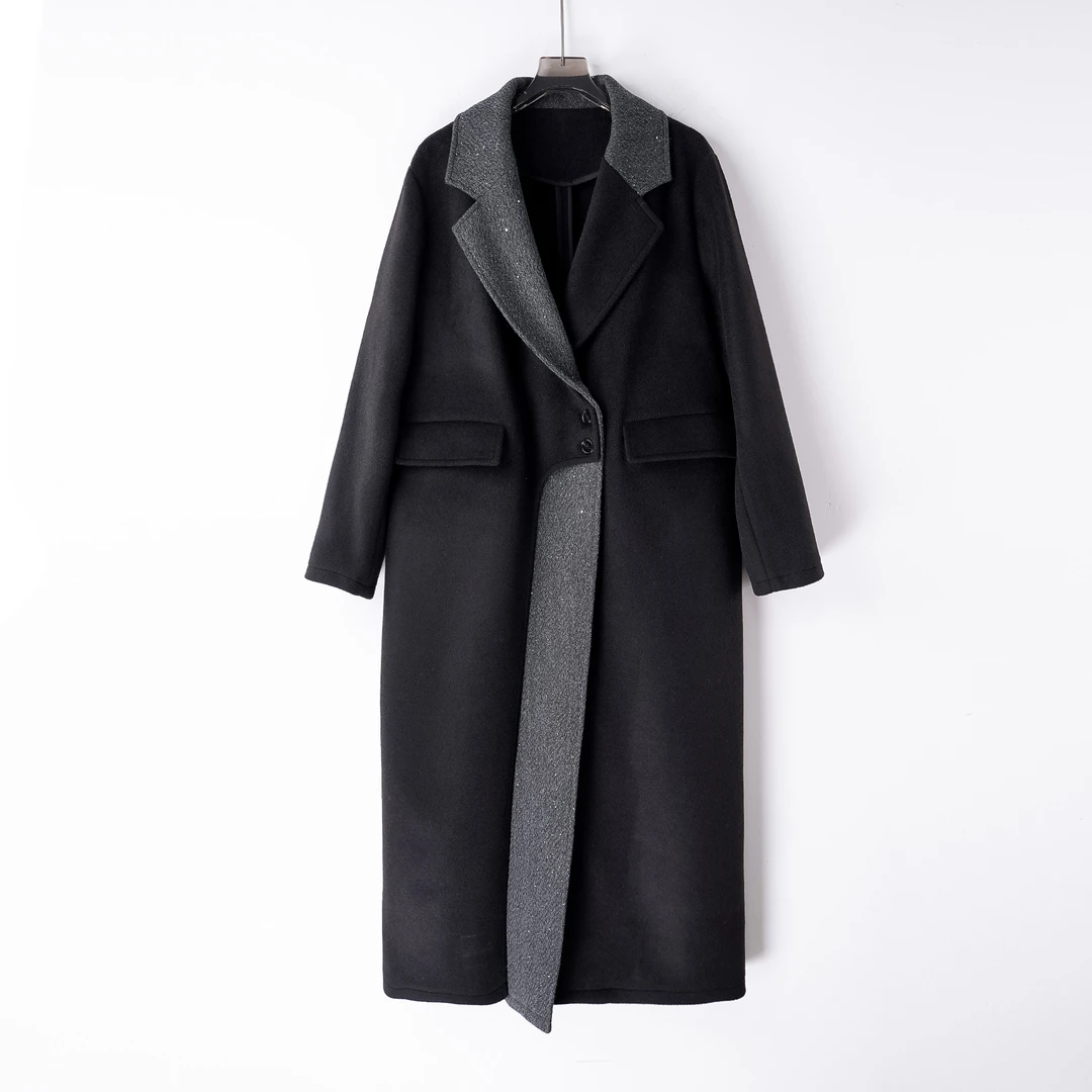 PW241165秋冬大码长款时尚假两件设计师款长款外套羊毛呢大衣