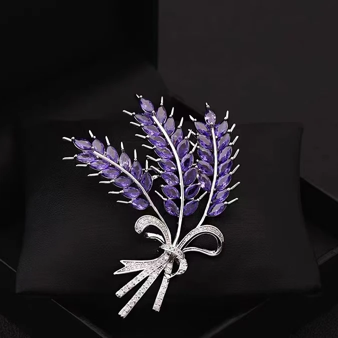 铜锆石胸针 轻奢高档金色小众设计素款双头麦穗胸针  7330