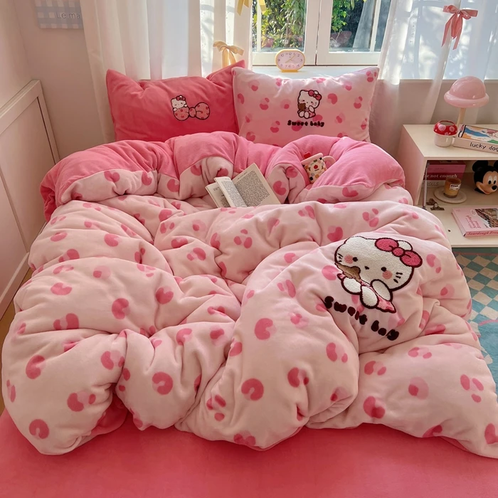 2024新款可爱少女牛奶绒猫咪毛巾绣系列四件套学生宿舍三件套床品