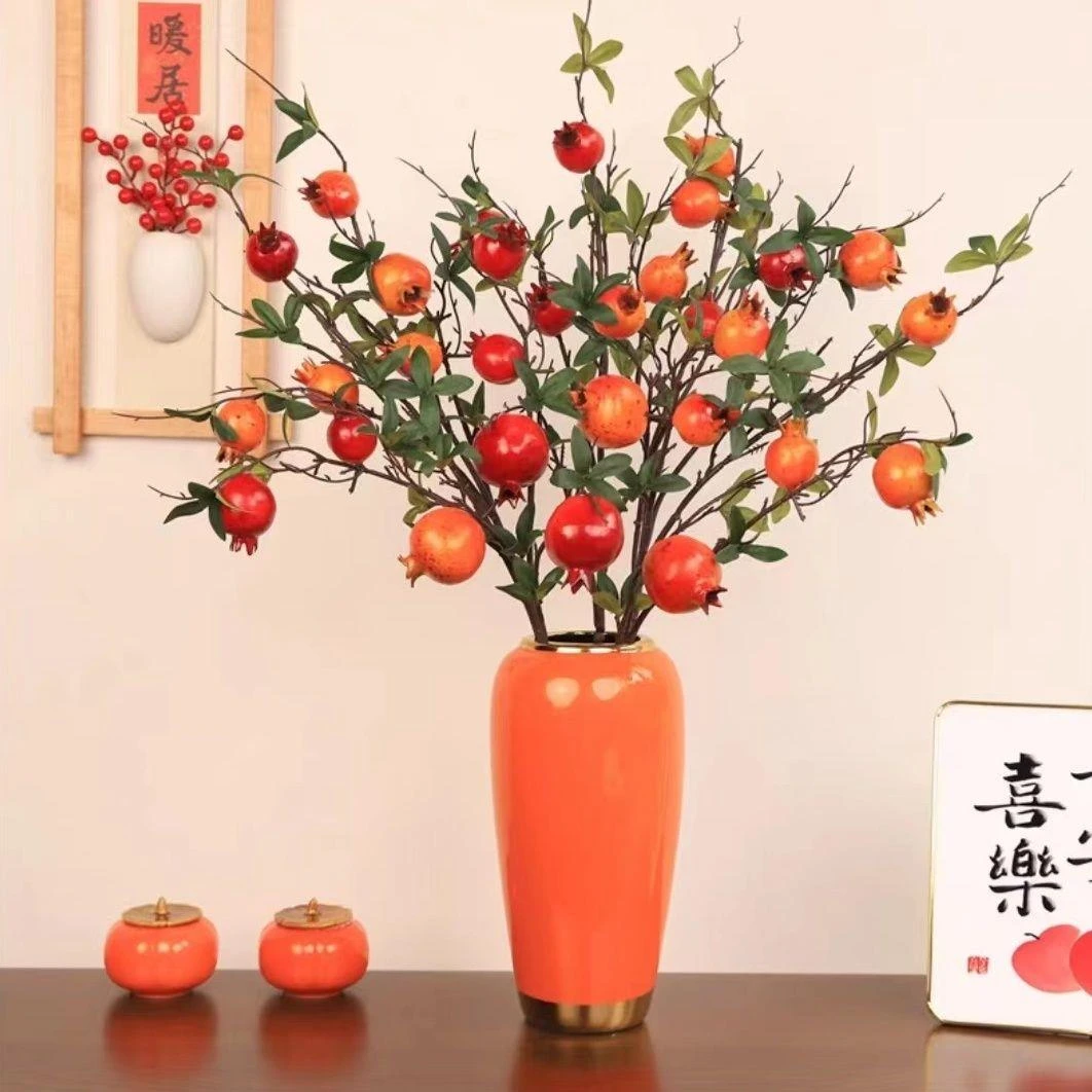 装饰仿真花新款石榴果装饰摆件客厅玄关柿子果实假花枝如意插花束