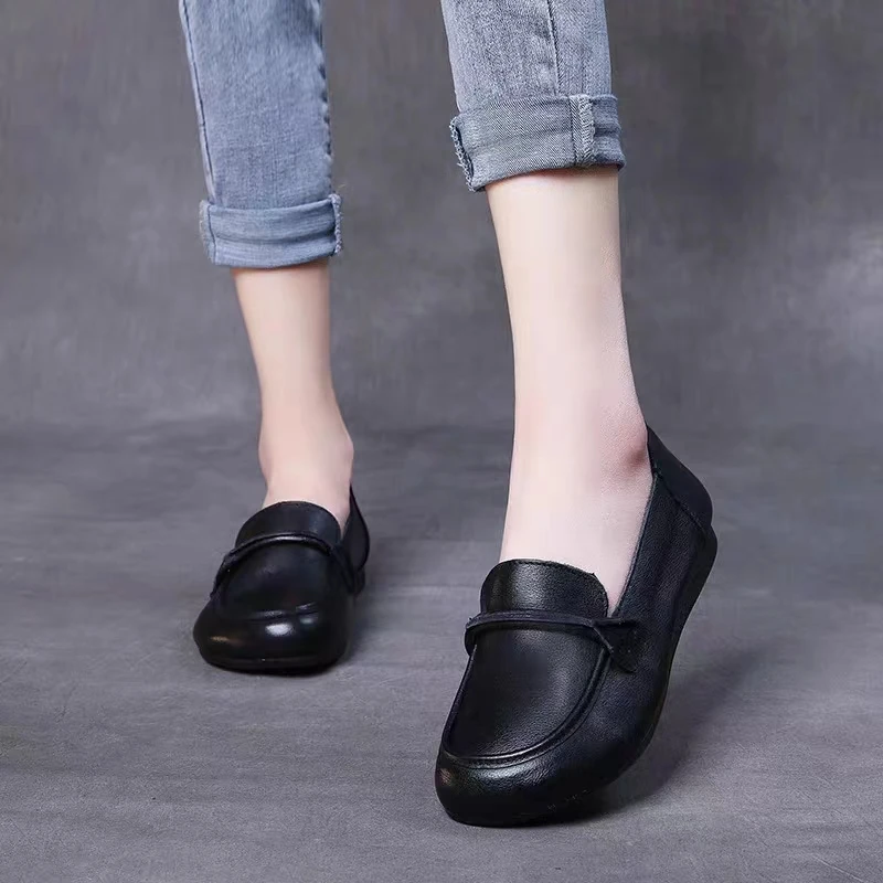 新款妈妈鞋手复古手工平底妈妈单鞋软皮软底一脚蹬休闲乐福单鞋