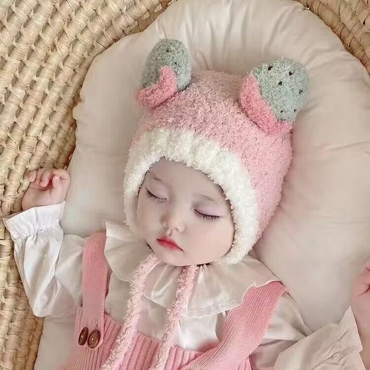 6-24个月草莓帽子宝宝婴幼儿女宝保暖秋冬季新生儿毛绒