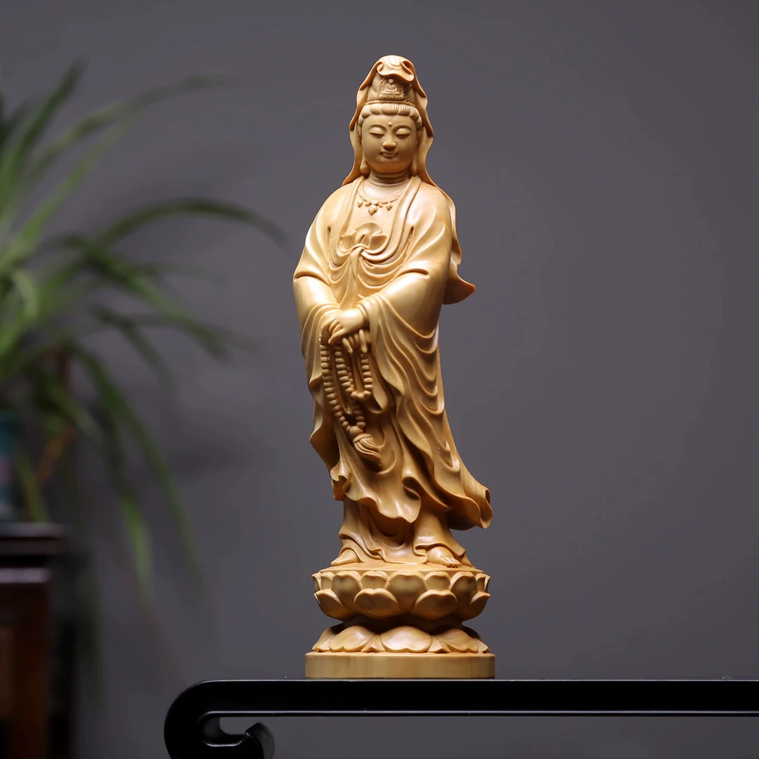 黄杨木精雕刻念珠观音佛像工艺品摆件家用佛龛供奉菩萨收藏神像