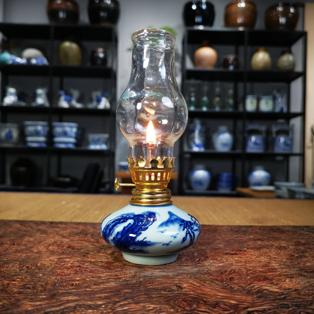 青花瓷小号山水纹酥油灯煤油灯茶室氛围灯