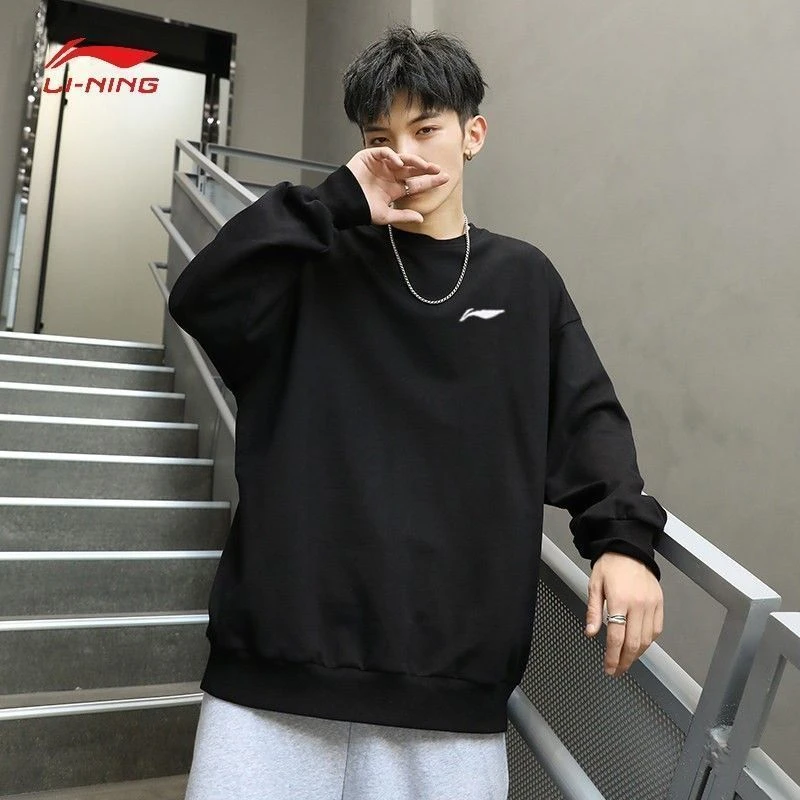 李宁正品运动卫衣男女同款套头衫春季款男士黑色休闲宽松圆领上衣