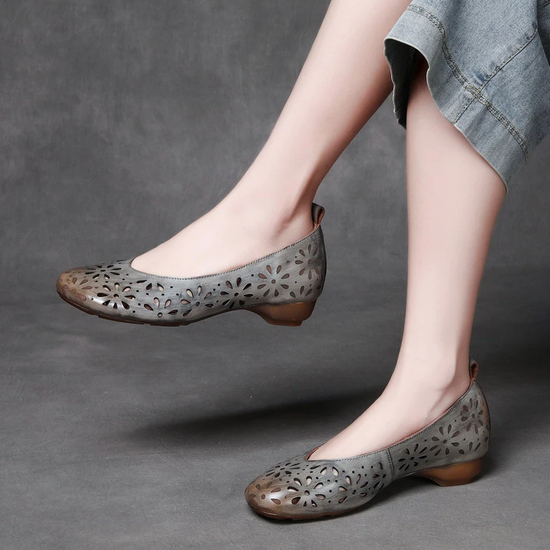 网红时尚新款水染头层牛皮浅口镂空单鞋真皮复古擦色低跟软底女鞋
