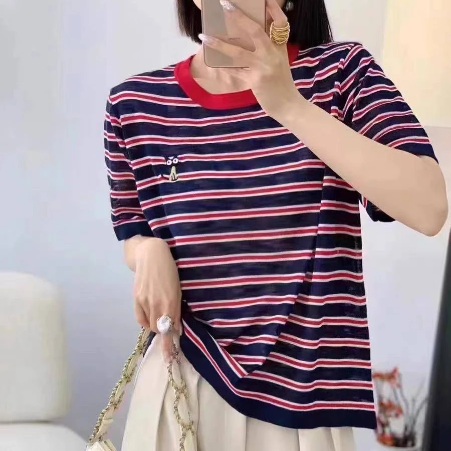 女装圆领条纹竹节麻短袖T恤ZBS31998衣长55