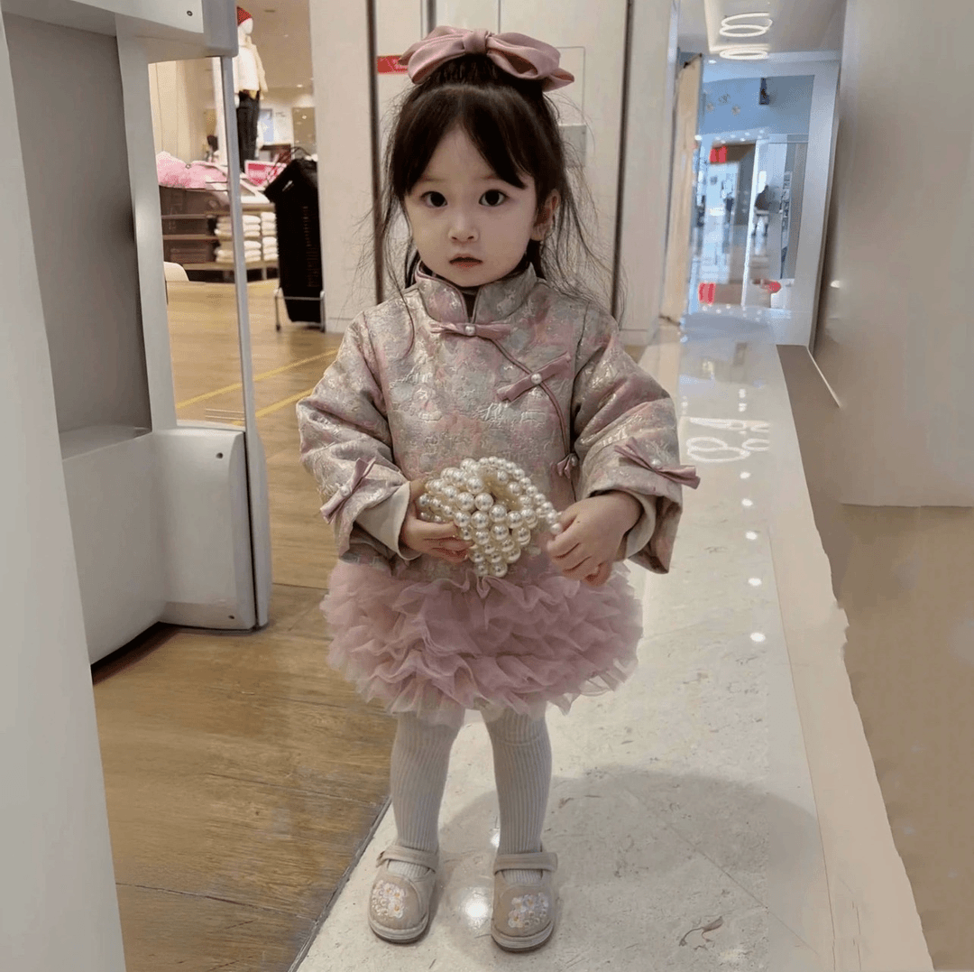 女童2024旗袍国风双面提花女宝网纱拼接夹棉加厚连衣裙拜年服洋气